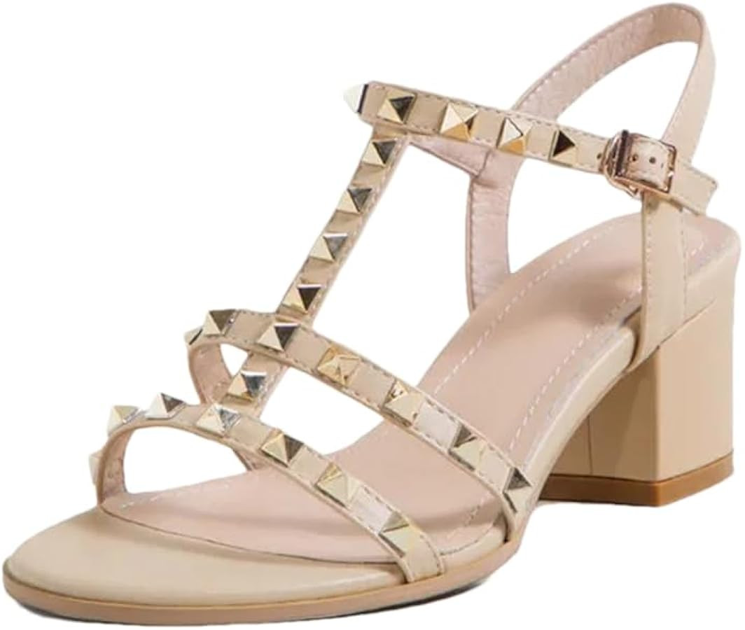 Womens Buckle Strap Ankle Strap Square Heel Open Side Vamp Punk Sandals Leather Studded Rivets Of... | Amazon (US)