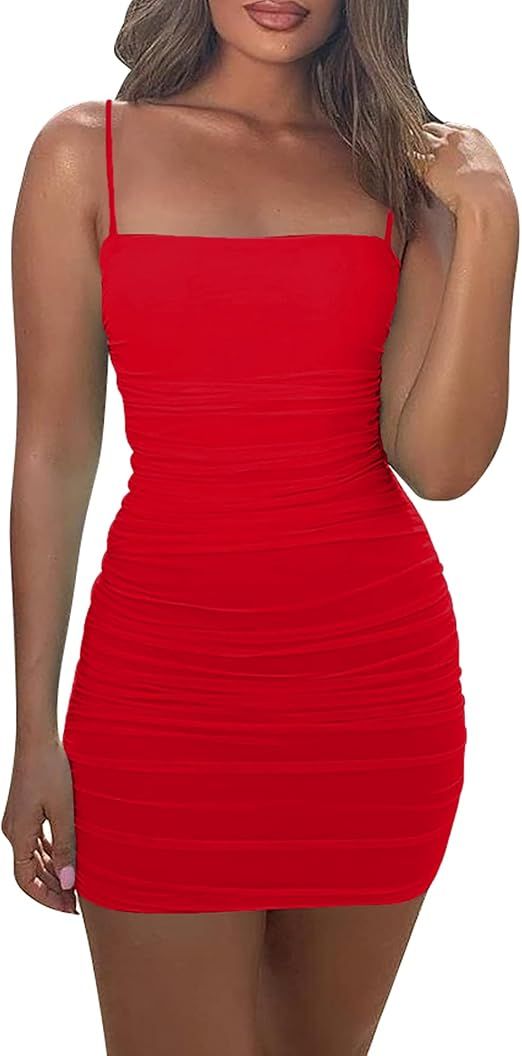 Mizoci Women's Sexy Sleeveless Ruched Spaghetti Strap Bodycon Mini Club Party Dress | Amazon (US)