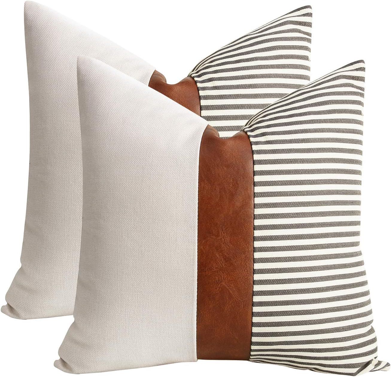 cygnus Set of 2 Farmhouse Decor Stripe Patchwork Linen Throw Pillow Covers,Modern Tan Faux Leathe... | Amazon (US)