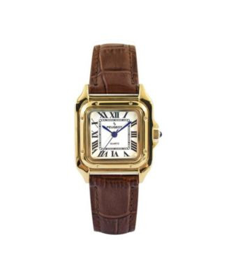Women's 14K Gold-Plated 32mm Tank Shape Brown Leather Strap Watch | Macy's