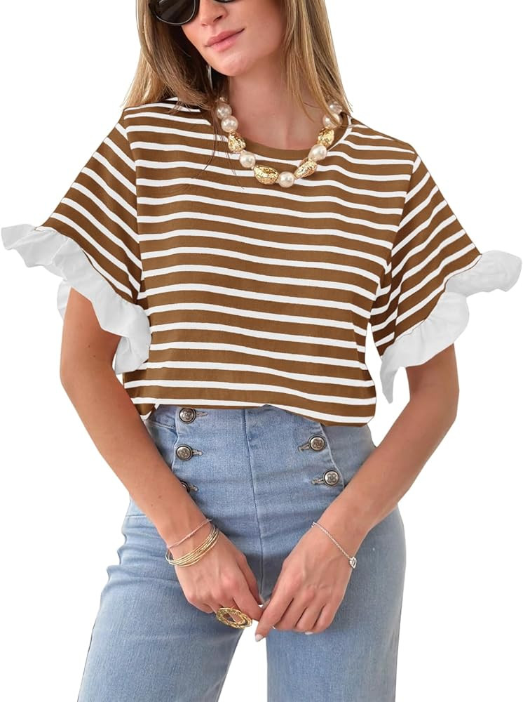 Tankaneo Women Striped Tops Ruffle Sleeve Casual Basic T Shirts Crewneck Short Sleeve Shirt Summe... | Amazon (US)