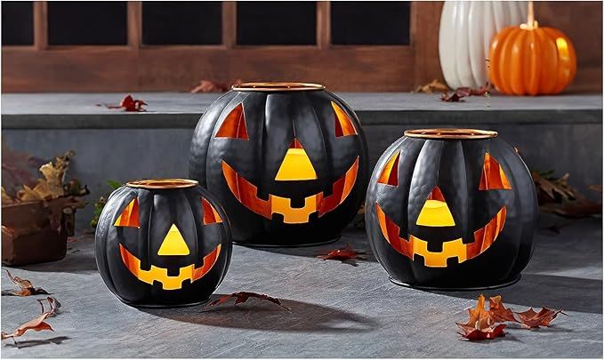 Halloween Metal Jack O Lantern Pumpkin Set of 3 with LED Candles with Black Creepy Cloth Decorati... | Amazon (US)