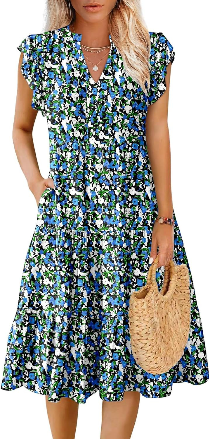 Womens Summer Dress Ruffle Sleeve V Neck Midi Casual Dresses Flowy Tiered Boho Sundress with Pockets | Amazon (US)