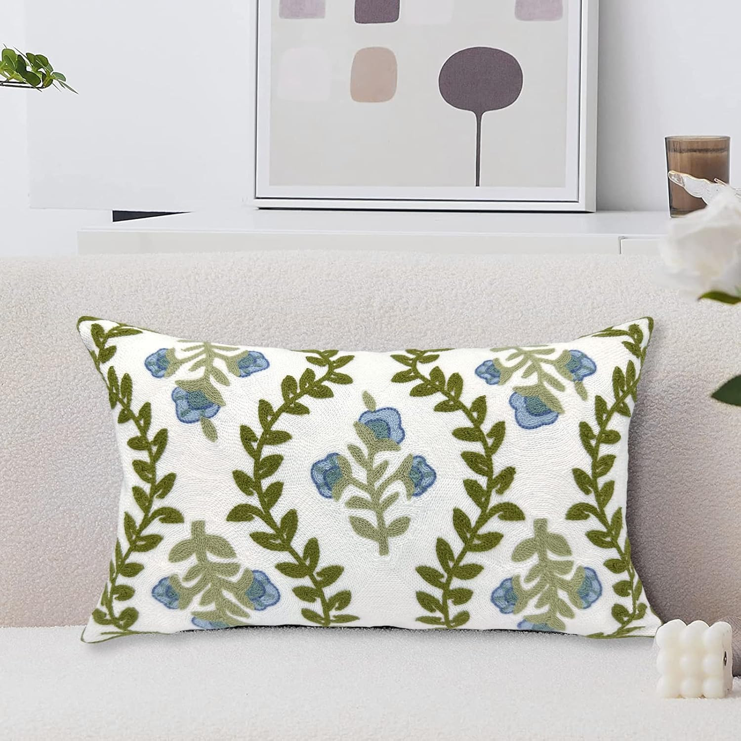 Flower Embroidered Summer Lumbar Decorative Throw Pillow Cover 12"x 20", Farmhouse Cottage Floral... | Amazon (US)