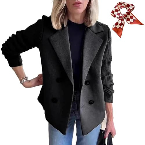 2025 New Women's Lapel Button Knitted Patchwork Sleeve Casual Coat Cropped,Pea Coat Double Breasted Blazer Sweater for Women (L,Black) | Amazon (US)