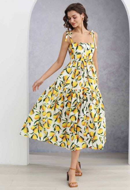 Vibrant Lemon Print Tie-Shoulder Buttoned Midi Dress | Chicwish