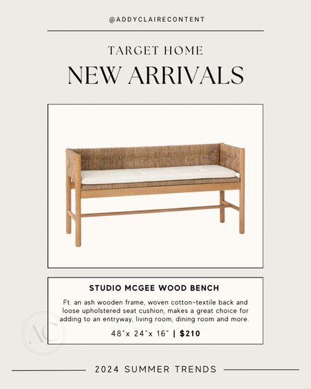 Target Home New Arrivals: entryway bench
Loving this new Studio McGee wood bench. So cute for the living room, entryway, or at the end of your bed!
 
Affordable home décor/ Affordable furniture/ entryway styling/ summer home décor trends/ target home finds

#LTKHome #LTKSeasonal #LTKStyleTip