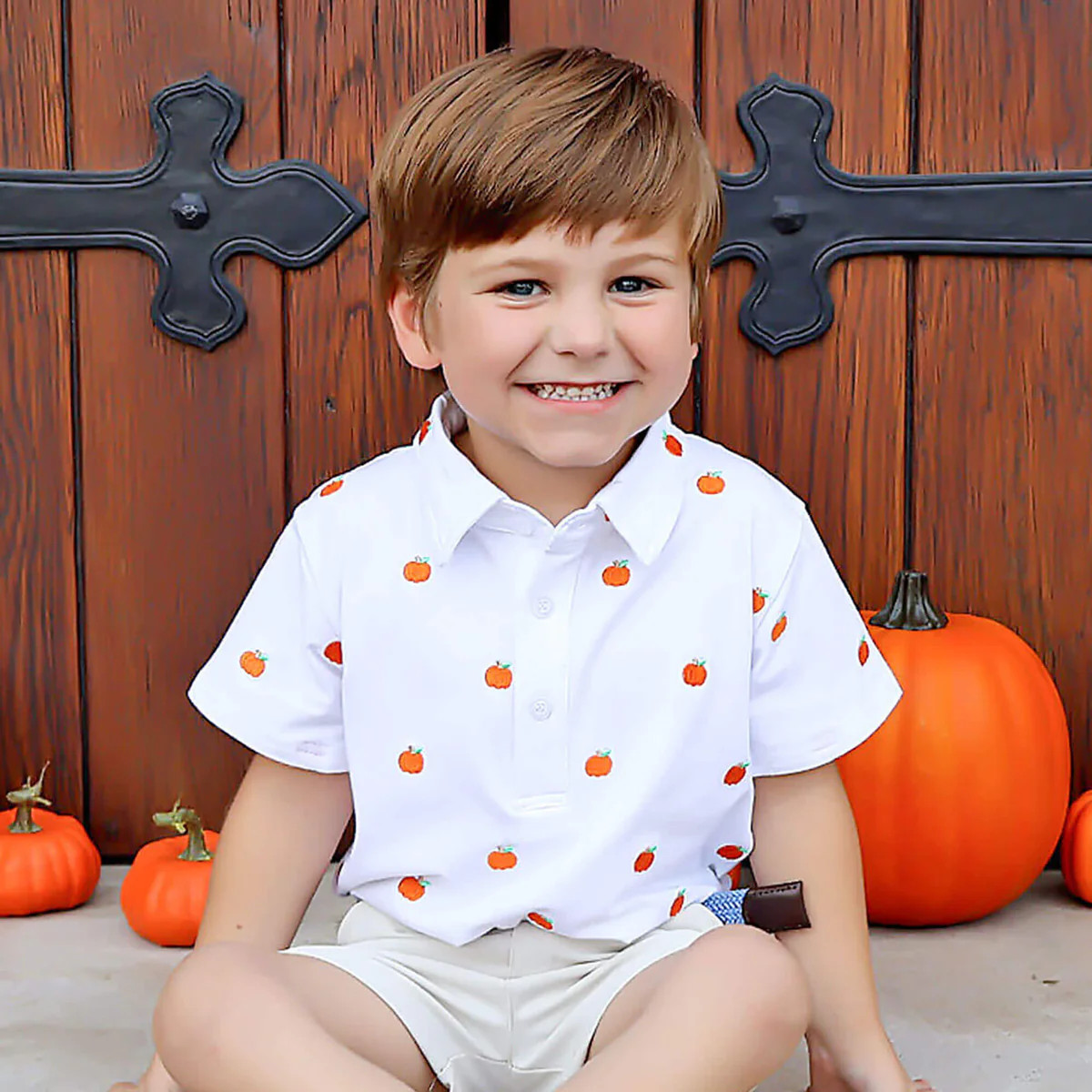 Pumpkin Schiffli White Polo | Classic Whimsy
