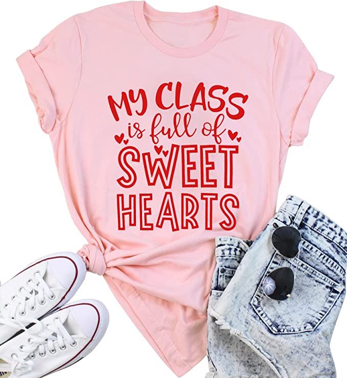 Valentine Teacher T-Shirts Women My Class is Full of Sweethearts Shirt Casual Loose Short Sleeve ... | Amazon (US)