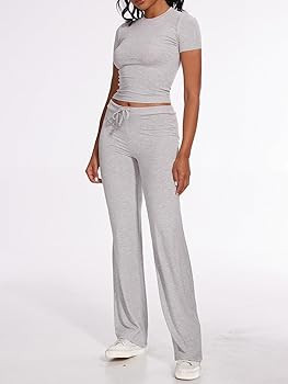 AnotherChill Women's 2 Piece Lounge Sets Straight Leg Pants Set Short Sleeve Crop T-shirt Casual ... | Amazon (US)