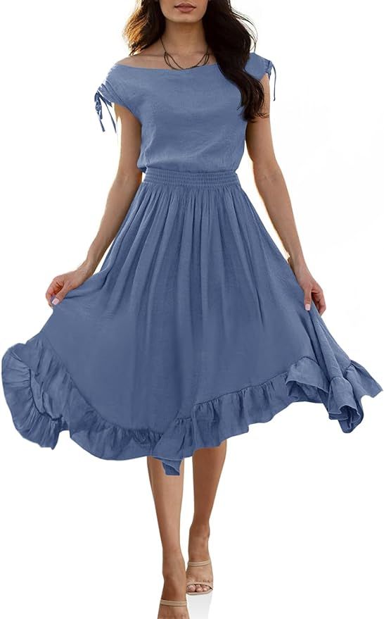 Fisoew Women's Summer Flowy Dress Sleeveless Empire Waist Smocked Dresses Tiered Ruffle Hem Midi ... | Amazon (US)