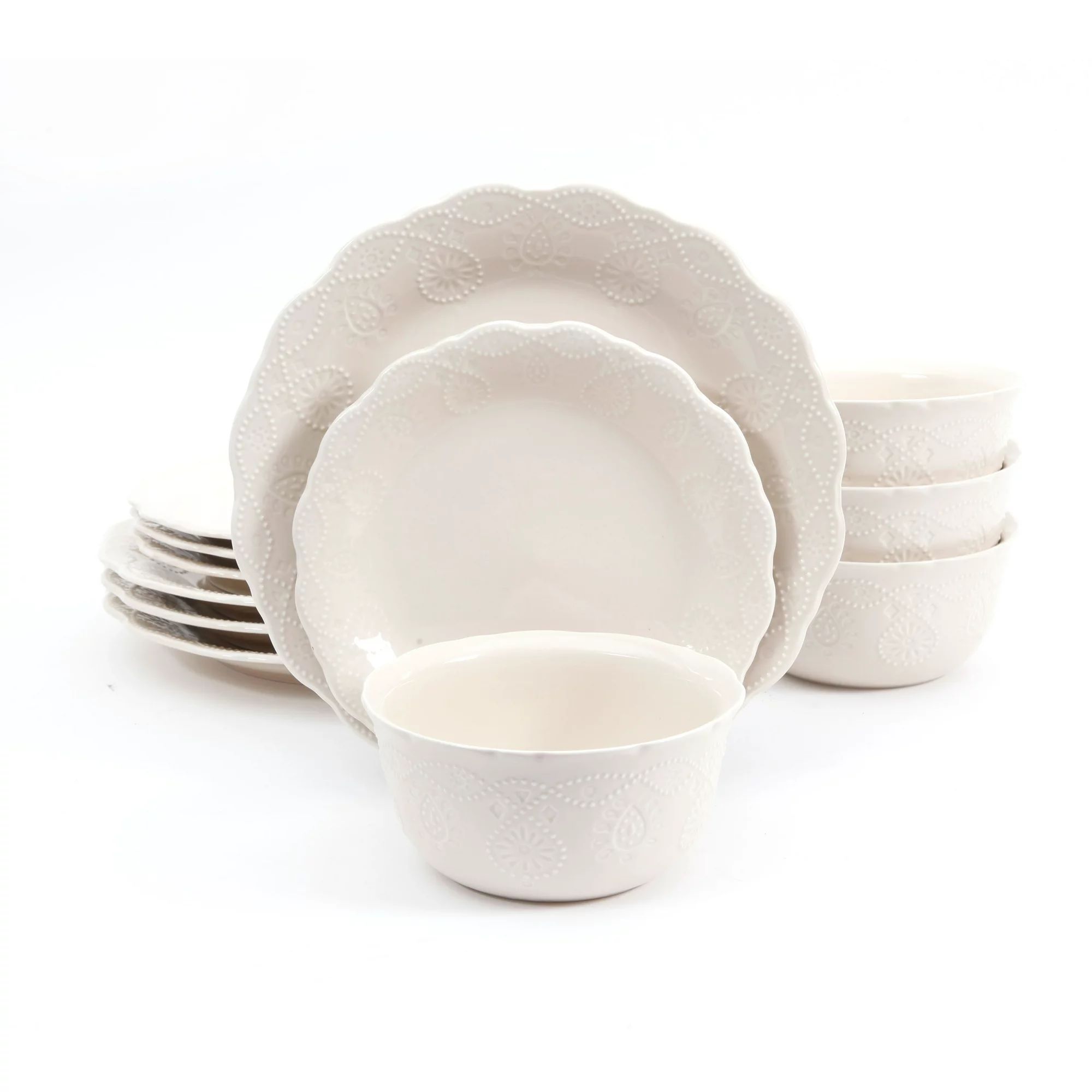 The Pioneer Woman Cowgirl Lace 12-Piece Dinnerware Set, Linen | Walmart (US)