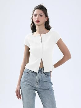 Ribbed Button Down T Shirts for Women Short Sleeve Going Out Tops Cropped Fitted Knit Blouses | Amazon (US)