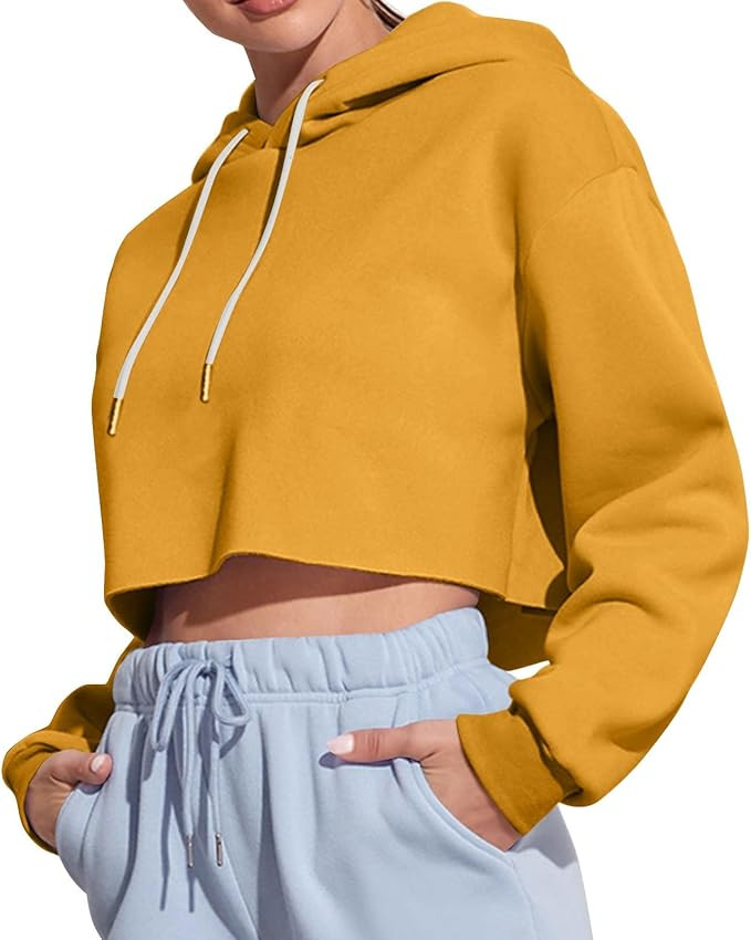 Women's Drawstring Cropped Hoodie Casual Hooded Sweatshirt Workout Crop Tops Fall Long Sleeve Hoo... | Amazon (US)