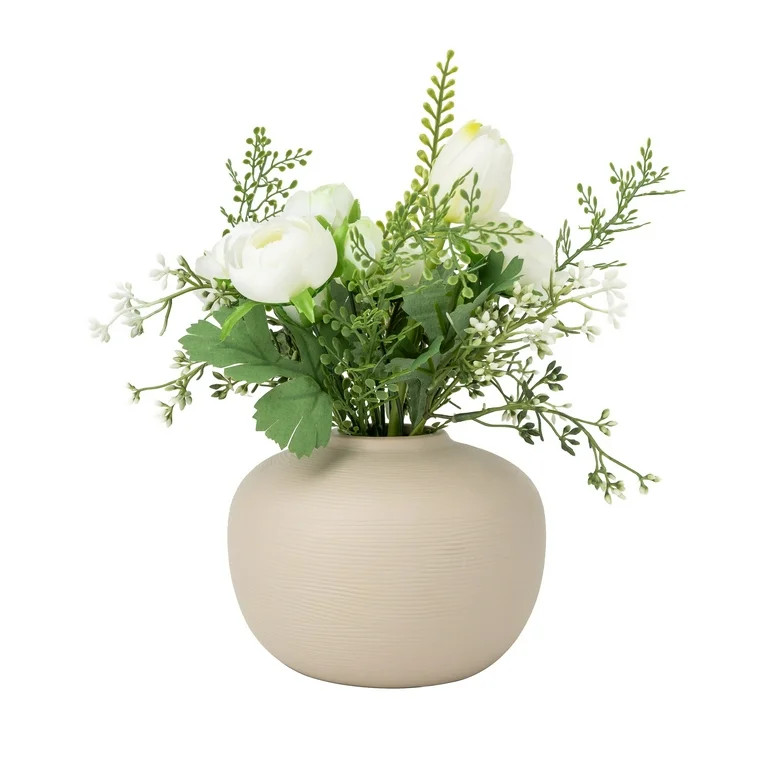 Better Homes & Gardens Tan Ceramic Vase with White Mixed Artificial Floral, 10" | Walmart (US)