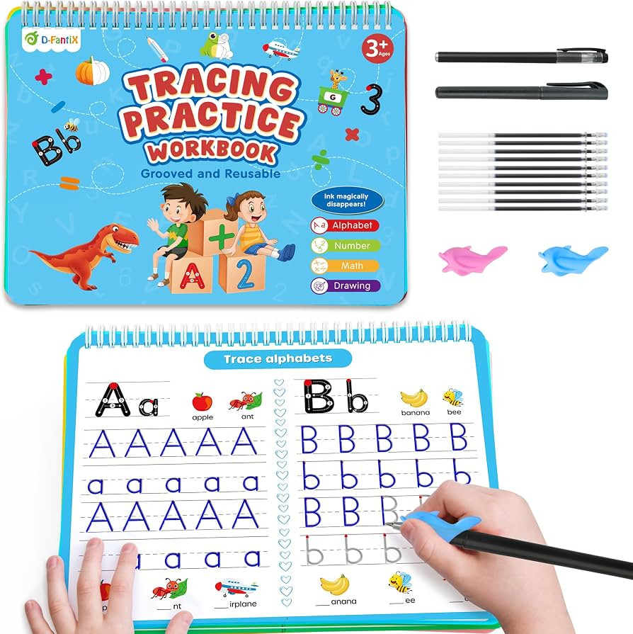 D-FantiX 4 in 1 Large Magic Groove Practice Copybook, Reusable Grooved Handwriting Workbooks, Num... | Amazon (US)
