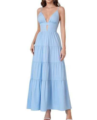 GLNEGE Summer Floral Wedding Guest Maxi Dress Spaghetti Straps V Neck Flowy Beach Dresses Cutout Vacation Sundress for Women Blue | Amazon (US)