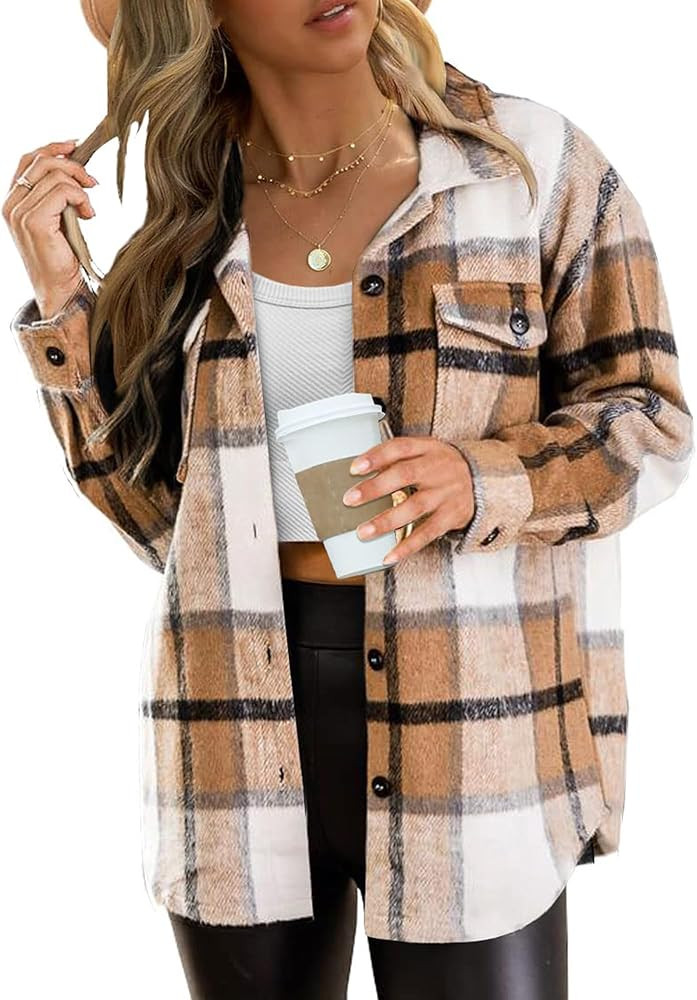 Blansdi Womens Flannel Shacket Plaid Button Down Long Sleeve Shirts Jacket Coats Fall Outfits Fas... | Amazon (US)