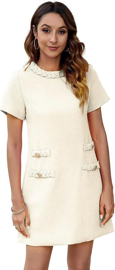 Ladyful Womens Tweed Jackie Dress Short Sleeve Elegant Crew Neck Business Party Vintage Button Bo... | Amazon (US)