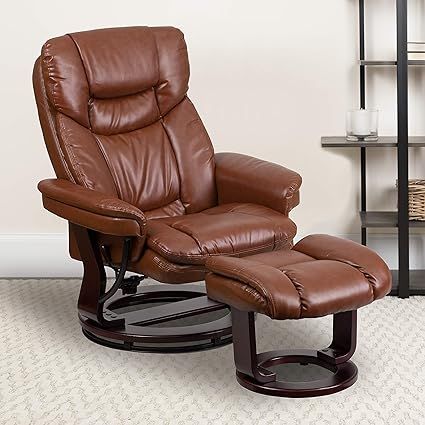EMMA + OLIVER Multi-Position Recliner/Curved Ottoman - Swivel Wood Base in Vintage LeatherSoft | Amazon (US)