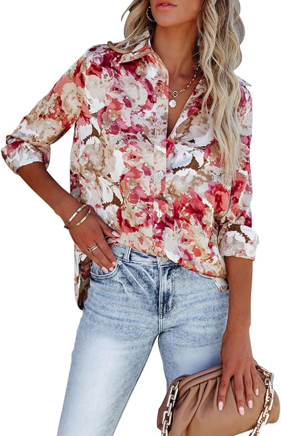 Blouses for Women Aesthetic Button Down Shirts Long Sleeve Dressy Casual Floral Tops Fall Outfits... | Amazon (US)