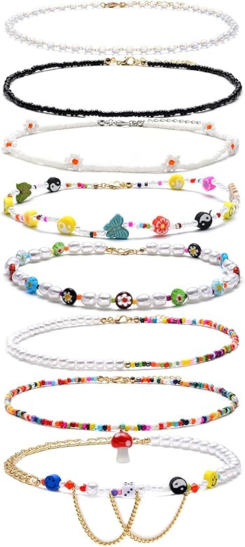 Akeoqi 8 Pieces Choker Necklace Y2K Colorful Cute Boho Glass Bead Handmade Necklace Smiley Face Flow | Amazon (US)