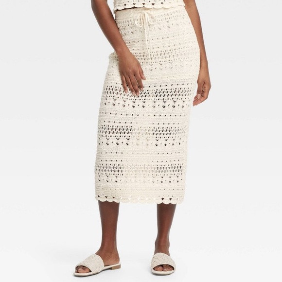 UT M-XL-XXL Cream Openwork Midi Sweater Crochet Knit Scalloped Drawstring Skirt | Poshmark