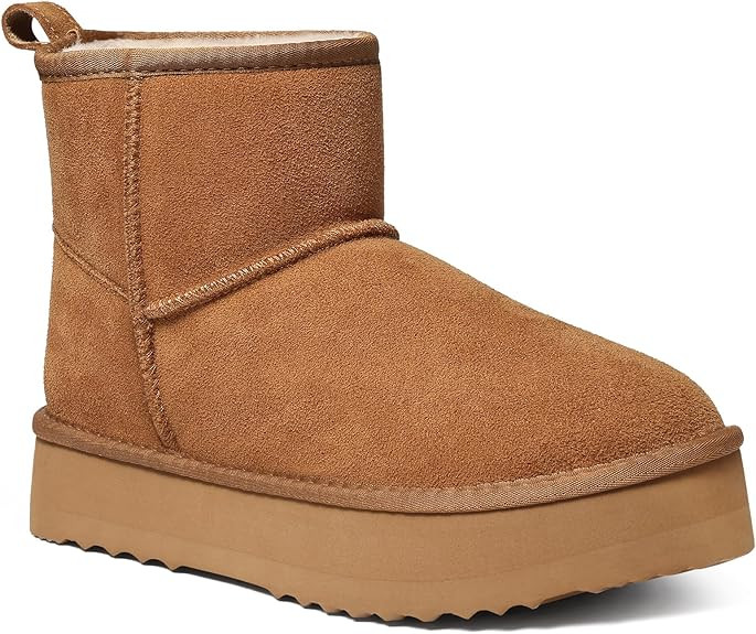 Litfun Suede Platform Mini Boots for Women Genuine Leather Fuzzy Ankle Winter Snow Boots with Fur... | Amazon (US)