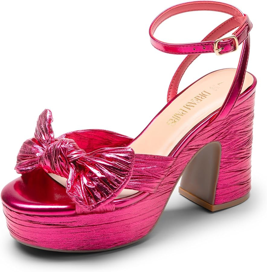 DREAM PAIRS Women's Chunky Platform Heels Sandals Pleated Bow Knot Ankle Buckle Strap Heeled Sand... | Amazon (US)
