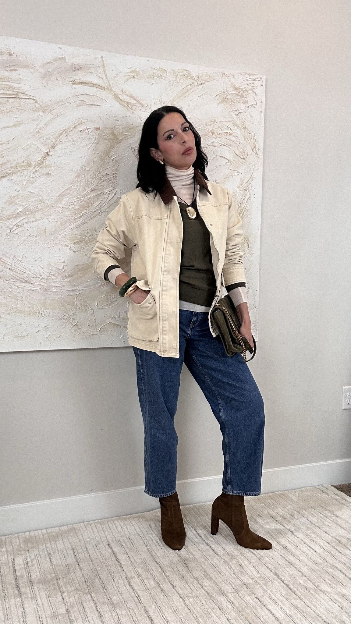 Barn jacket, barrel jeans, ankle booties, layered tee and cardigan 

#LTKOver40 #LTKStyleTip #LTKSeasonal