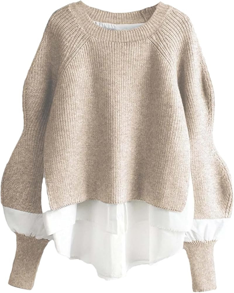 Wjnvfioo Women Long-Sleeved Sweater Autumn Winter Fake Two-Piece Fashion Loose Round Neck Pullove... | Amazon (US)