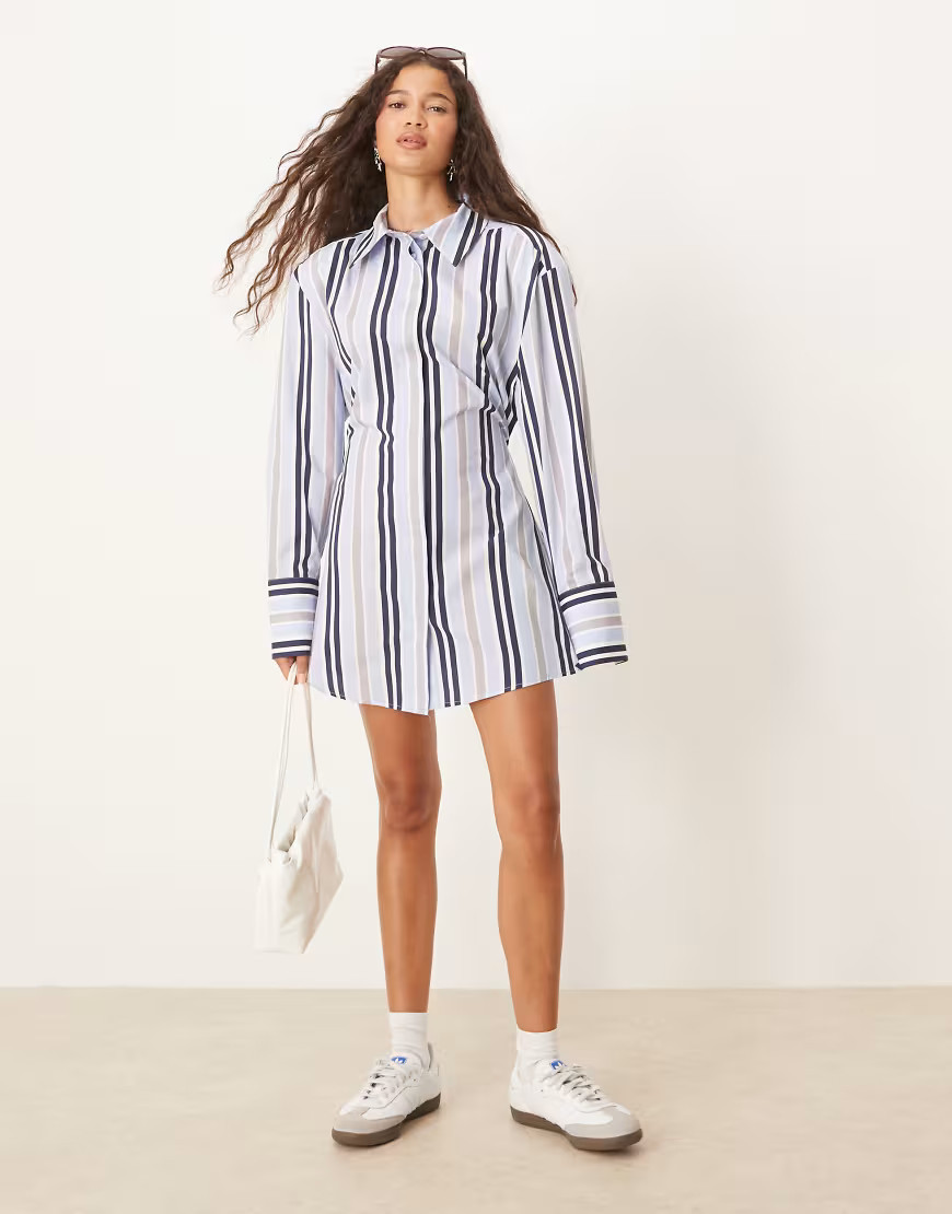 ASOS DESIGN cinched shirt mini dress in stripe-Multi | ASOS (Global)