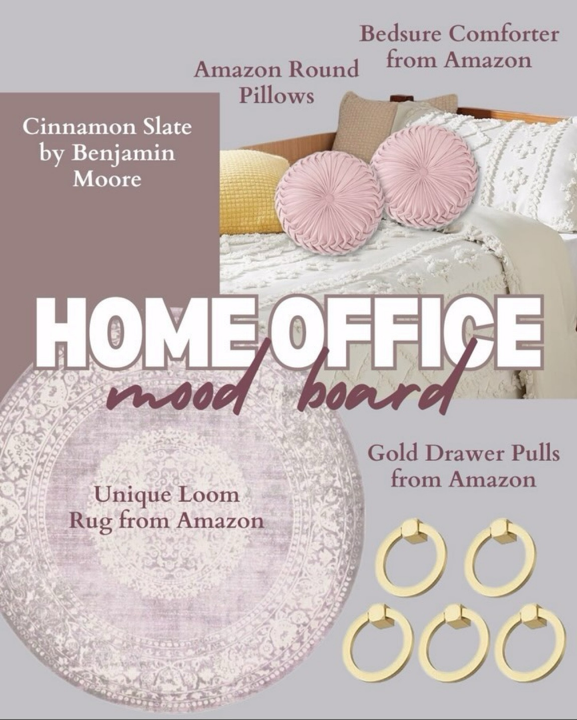 @benjaminmoore Cinnamon Slate has been all the buzz and I can see why! 😉

They announced it this week as the color of the year for 2025,  so I guess my home office is right on track because I have it already painted that color! 

When I went to pick a color for my office accent wall, I knew I wanted bold, elegant, feminine, but also transitional. 

Ummm how is a shade a purple transitional? 

IMO, this particular shade can be paired with so many other colors, styles and designs! 

Currently I’m using my neutral colored, boho comforter to balance out the bold, but I added some dusty pink pillows to add the feminine. I picked brushed gold cabinet hardware for the elegance, and as you can see in my mood board, I also found a rug that isn’t overly matchy, but ties everything together beautifully! 

However, this color could easily be paired with greens, blush pinks, creams, or even a bright yellow. It highly depends on the function of the room and your audience. 

I L O V E the feel of my office so much and get compliments on the color regularly! 

If you’re unsure about the new color for 2025, don’t be! This is your sign to try it out! 

#homedecor #customhome #cozyspaces #timelessdesign #creativelife #creativeliving #familyhome #homeoffice #designerlife #interiordesign #interiorinspo #coloroftheyear #benjaminmoore #homesofinstagram #officedesign #officegoals