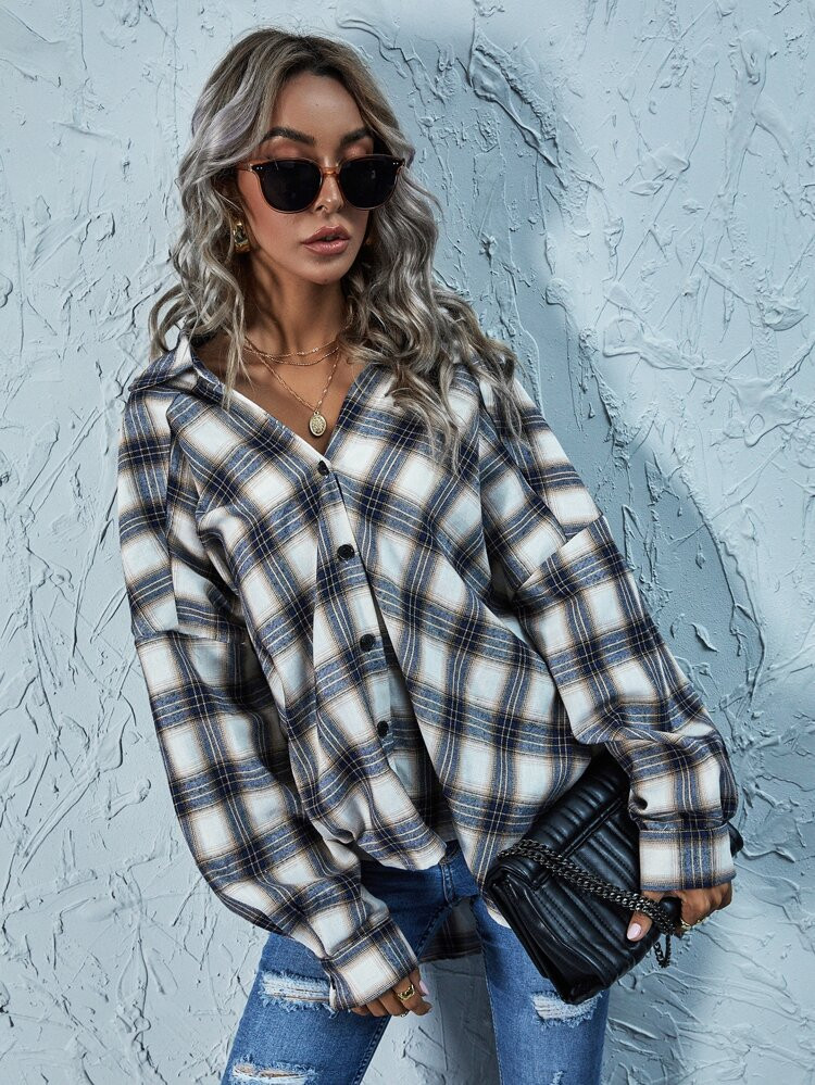 Oversized Button Up Plaid Blouse | SHEIN