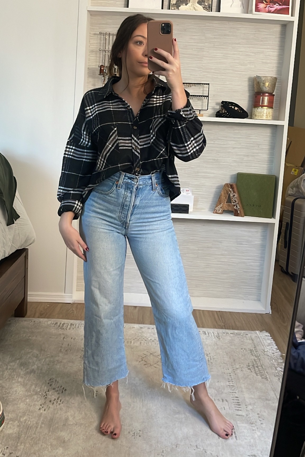 Black plaid flannel from Marshall’s 
Ribcage denim jeans (cut them myself)

#LTKunder100 #LTKSeasonal