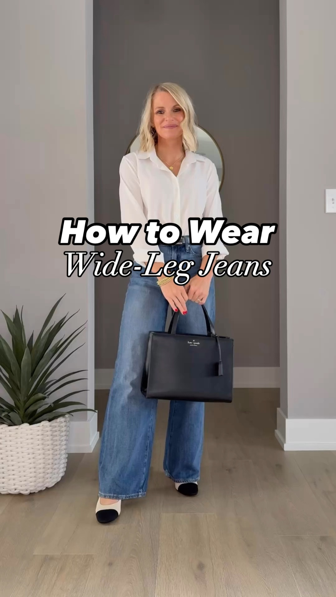How to wear wide-leg full length jeans. Jeans- 25/short || white button-down- small || black cardigan- xsmall || black tank- small || blazer- xsmall || tan sweater- xsmall 

#LTKWatchNow #LTKStyleTip #LTKFindsUnder100