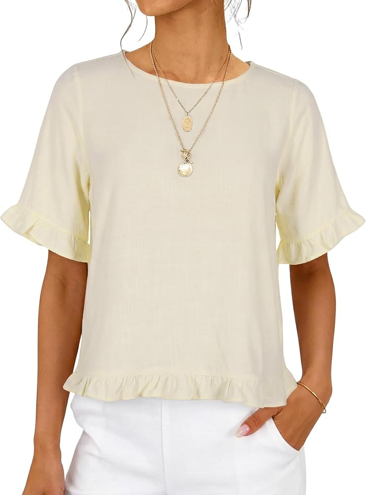 Dqbeng Women Linen Ruffle Hem Blouse Short Sleeve Crewneck Casual T Shirts Summer Beach Vacation ... | Amazon (US)