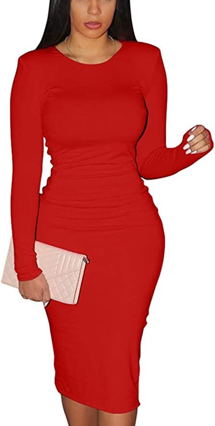 Amazon.com: XXTAXN Women's Sexy Bodycon Long Sleeve Round Neck Work Office Midi Pencil Dress Red ... | Amazon (US)