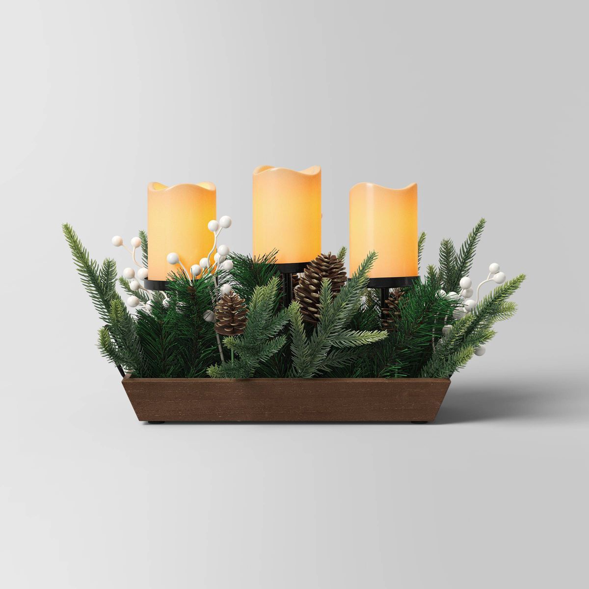 Battery Operated Flameless Pillar Candle and Black Candle Holder in Wood Tray with Faux Christmas... | Target