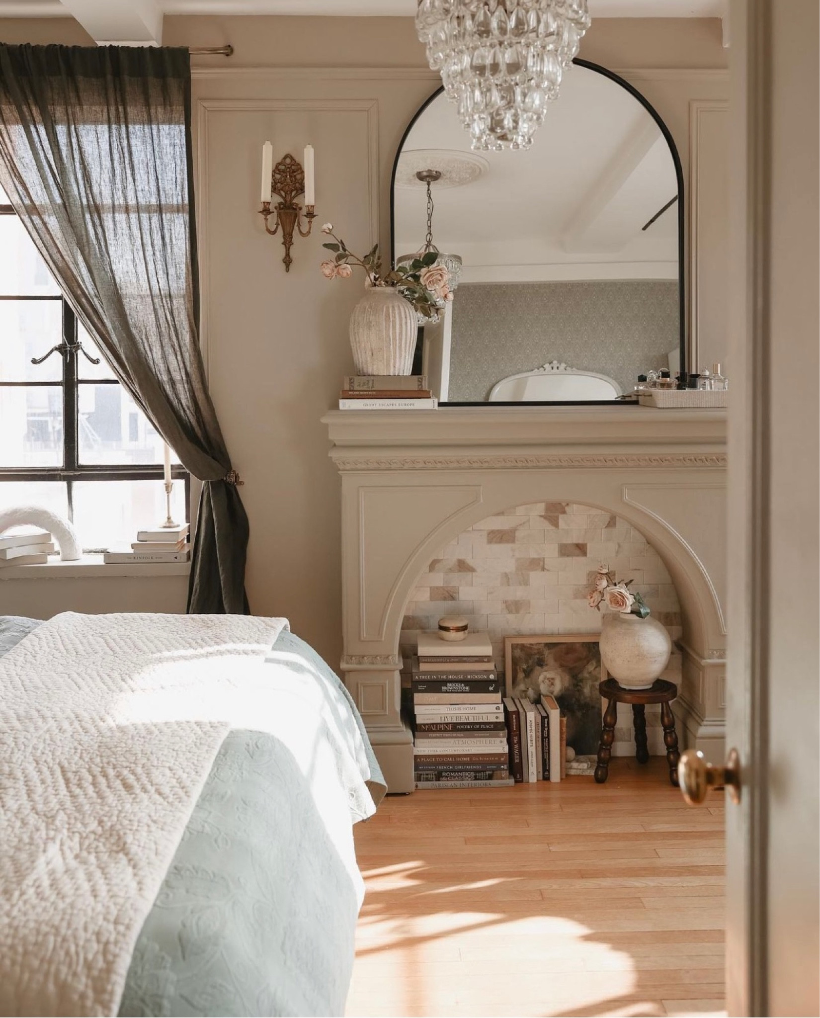 Bedroom decor and tile I added behind the mantle in a renter friendly way

#LTKhome