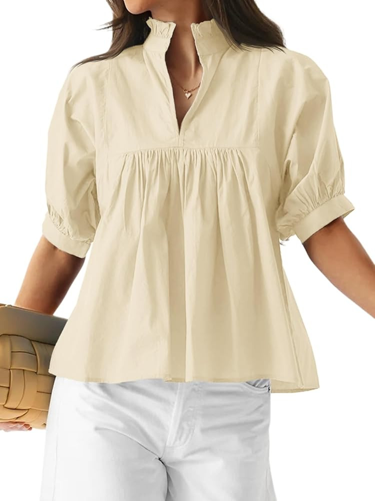 Cicy Bell Womens Puff Sleeve V Neck Blouse Babydoll Peplum Tops Dressy Casual Pleated Loose Fit S... | Amazon (US)