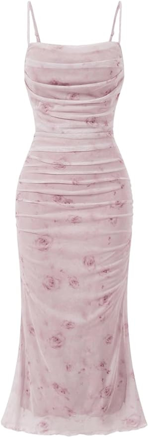 GORGLITTER Women's Floral Ruched Bodycon Midi Dress Mesh Sleeveless Fishtail Cami Dresses | Amazon (US)