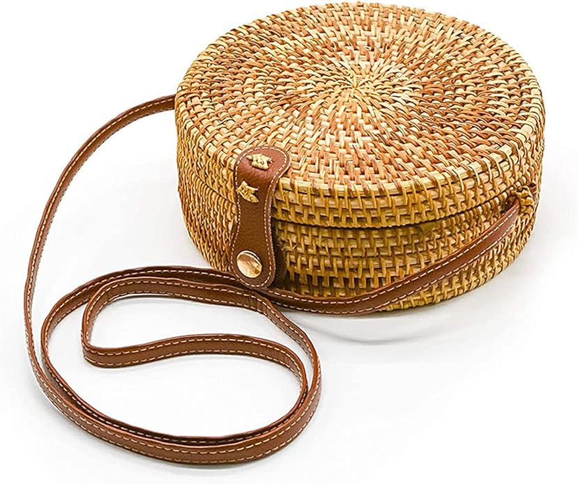 OUTLEYNY Handwoven Round Rattan Bag Beach Crossbody Bag Chic Fashion Shoulder Bag with Leather St... | Amazon (US)