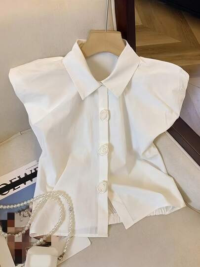 Airaco Women's Summer Solid Color 3D Floral Decor Fashion Blouse | SHEIN