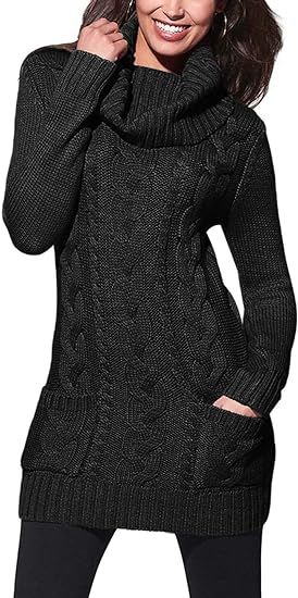 BLENCOT Womens Turtleneck Long Sleeve Elasticity Chunky Cable Knit Pullover Sweaters Jumper | Amazon (US)