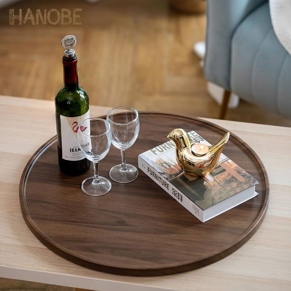 Extra Large Ottoman Serving Tray: Hanobe Round Walnut Wooden Decorative Coffee Table Tray Rustic ... | Amazon (CA)