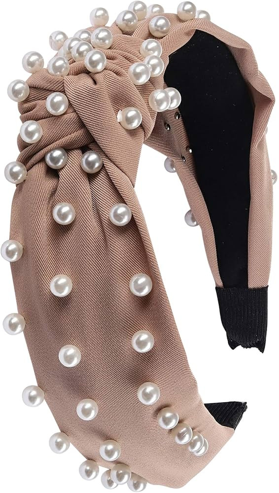 Somewhere Haute Ladies Beige Satin With Pearls Top-knot Headband (Satin Beige) | Amazon (US)