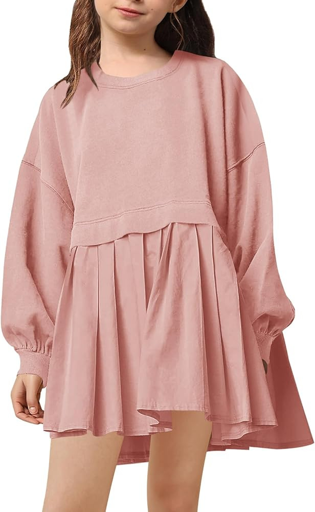 Batermoon Girls Pleated Sweatshirt Dresses Kids Fashion Long Sleeve Crew Neck Mini Dress 5-14 Yea... | Amazon (US)