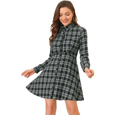 INSPIRE CHIC Women's Plaid Button Down Cotton Mini A-Line Shirt Dress Black Medium | Target