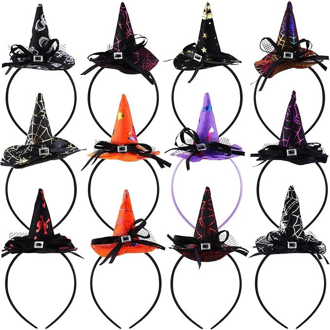 12 Pieces Halloween Headbands Witch Hat Hairbands Witch Hair Hoops Halloween Hair Accessories for... | Amazon (US)